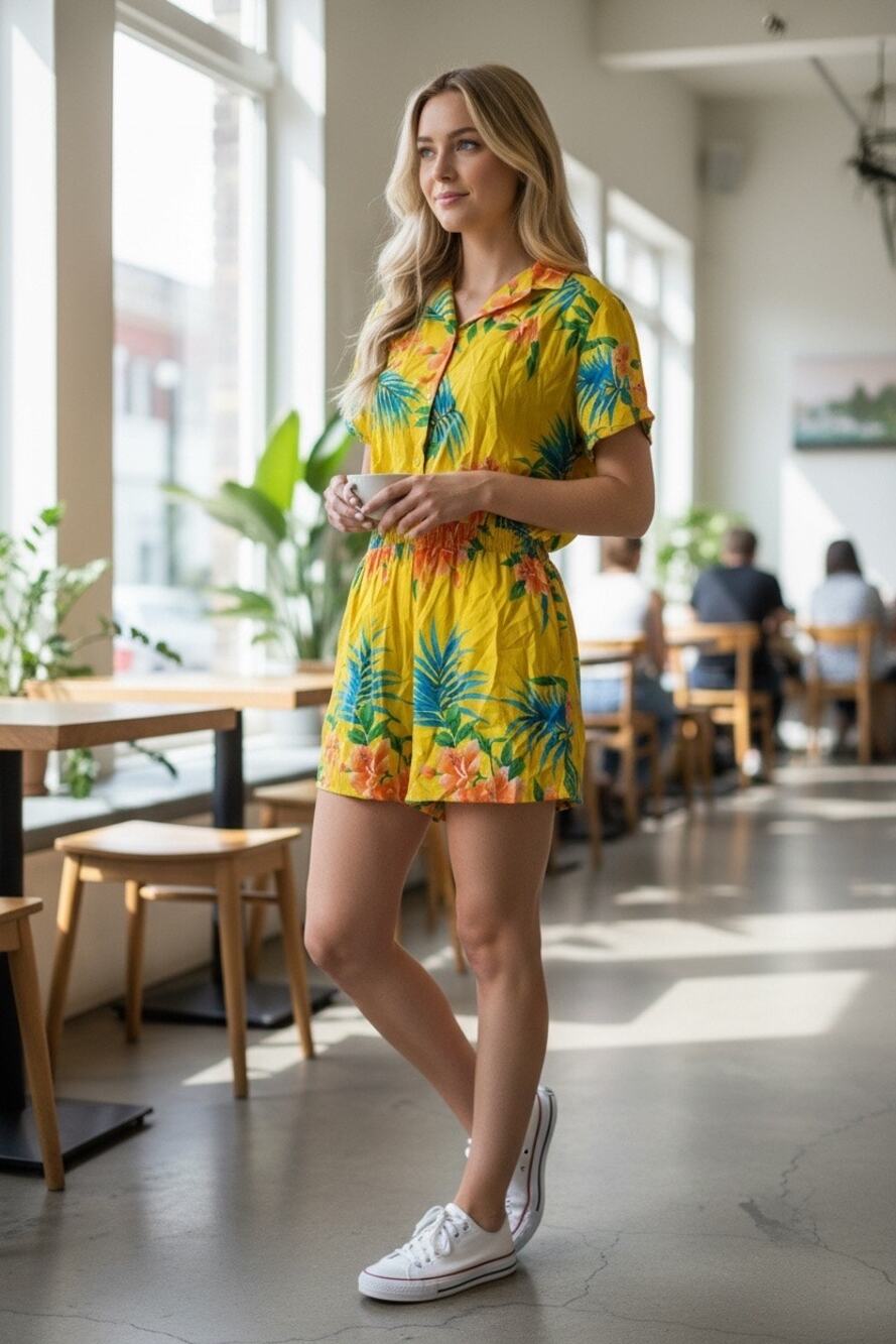 Vintage Thats Right Floral Short Sleeve Yellow Tropical Hawaiian Romper Size 40